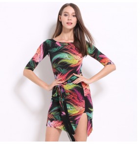 Rainbow printed colored round neck short sleeves women's ladies female competition professional latin samba salsa dance dresses outfits with sashes